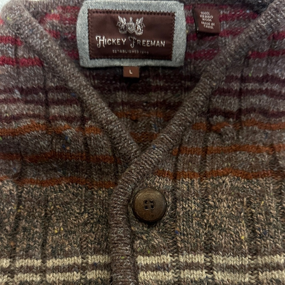 Hickey Freeman Men's Brown and Red Striped Cardigan